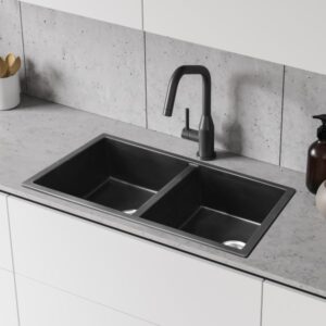ROK Carbon Granite Double Bowl Sink 770 x 450 x 230mm Square Under/Overmount