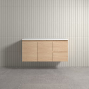 Vogue Thebe Wall Hung Soft Oak Vanity Unit 1200mm Natural White Stone Top