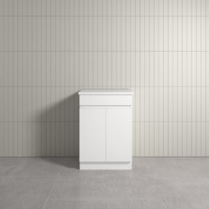 Thebe Floor Mount White Vanity With Natural White Stone Top 600mm