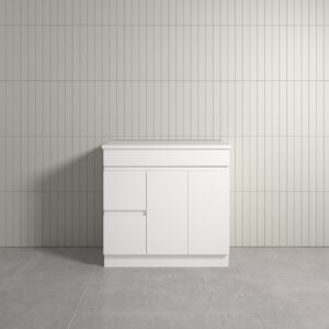 Thebe Floor Mount White Vanity With Natural White Stone Top 900mm With Left Hand Drawer