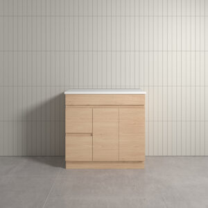 Thebe Floor Mount Soft Oak Vanity With Natural White Stone Top 900mm Left Hand Drawer