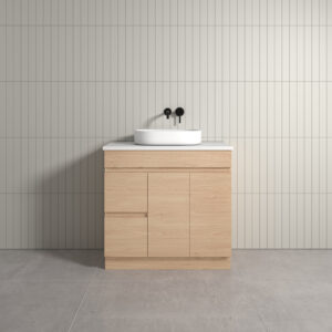 Thebe Floor Mount White & Oak Vanity With Stone Top