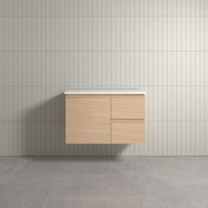 Vogue Thebe Wall Hung Soft Oak Vanity Unit 900mm Right Hand Drawer Natural White Stone Top