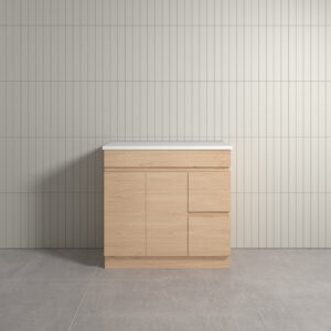 Thebe Floor Mount Soft Oak Vanity With Alto Marble Stone Top 900mm Right Hand Drawer