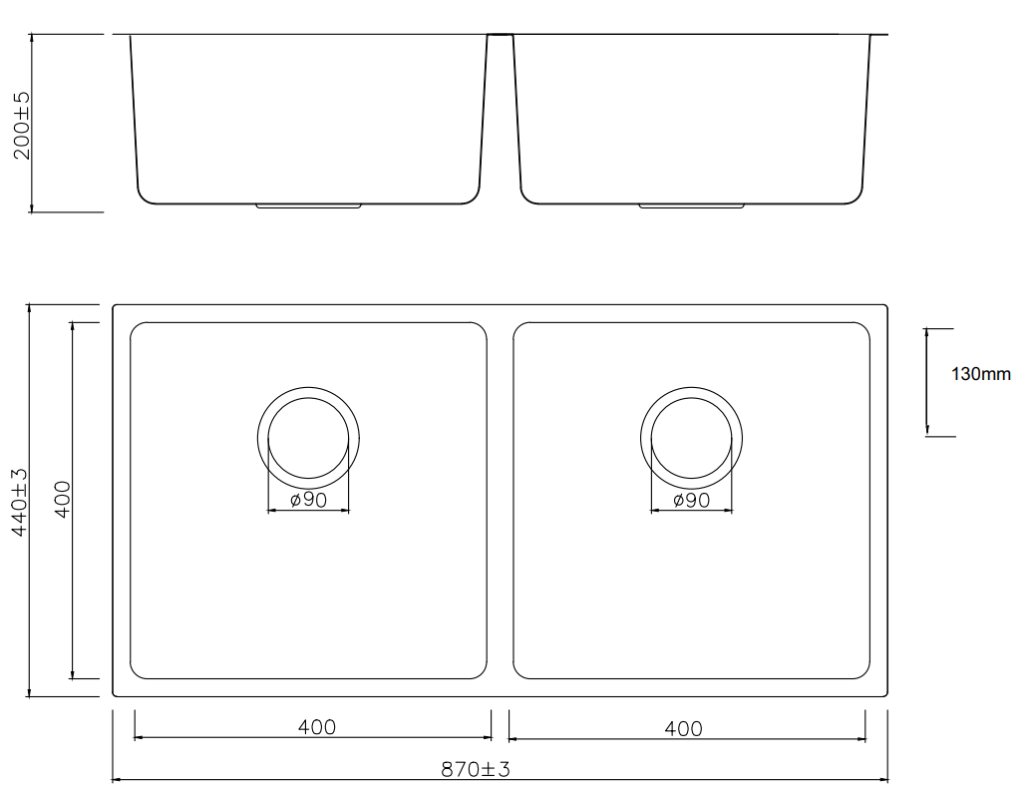 Singleton Rectangular Double Bowl Under Counter Sink 870 x 440 x 200mm ...