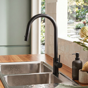 Artline Matte Black Sink Mixer Cold Start Vegie Spray Pull Out 450mm High Gooseneck  Lead Free
