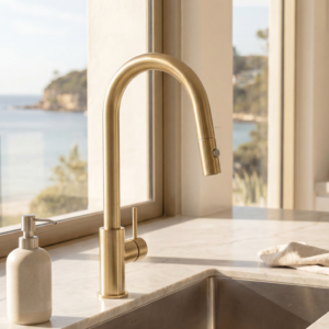 Artline Brushed Gold Sink Mixer Cold Start Vegie Spray Pull Out 450mm High Gooseneck Lead Free