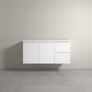 Vogue Thebe Wall Hung Gloss White Vanity 1200mm Right Hand Drawer Cabinet Natural White Stone Top