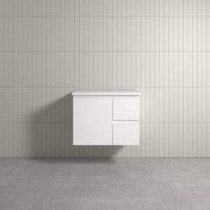 Vogue Thebe Wall Hung Gloss White Vanity 750mm Right Hand Drawer Cabinet Natural White Stone Top