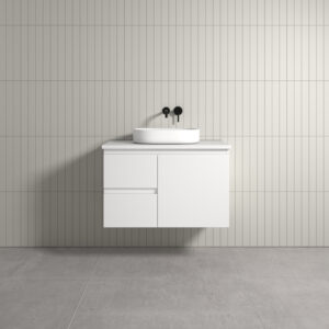 Vogue Thebe Wall Hung Gloss White Vanity 900mm Left Hand Drawer Cabinet Natural White Stone Top