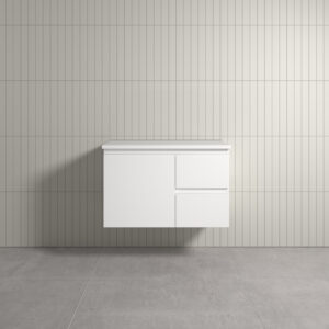 Vogue Thebe Wall Hung Gloss White Vanity 900mm Left Hand Drawer Cabinet Alto Marble Stone Top