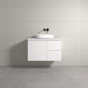 Vogue Thebe Wall Hung Gloss White Vanity 900mm Right Hand Drawer Cabinet Natural White Stone Top